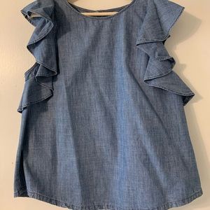 J. Crew Chambray Ruffle Cap Sleeve Blouse